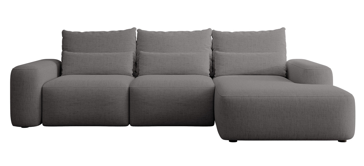 Ecksofa mit Schlaffunktion Carnos, L-förmig, mit zusätzlichen Lendenkissen, dunkelgrauer hydrophober Chenille, rechtsseitig