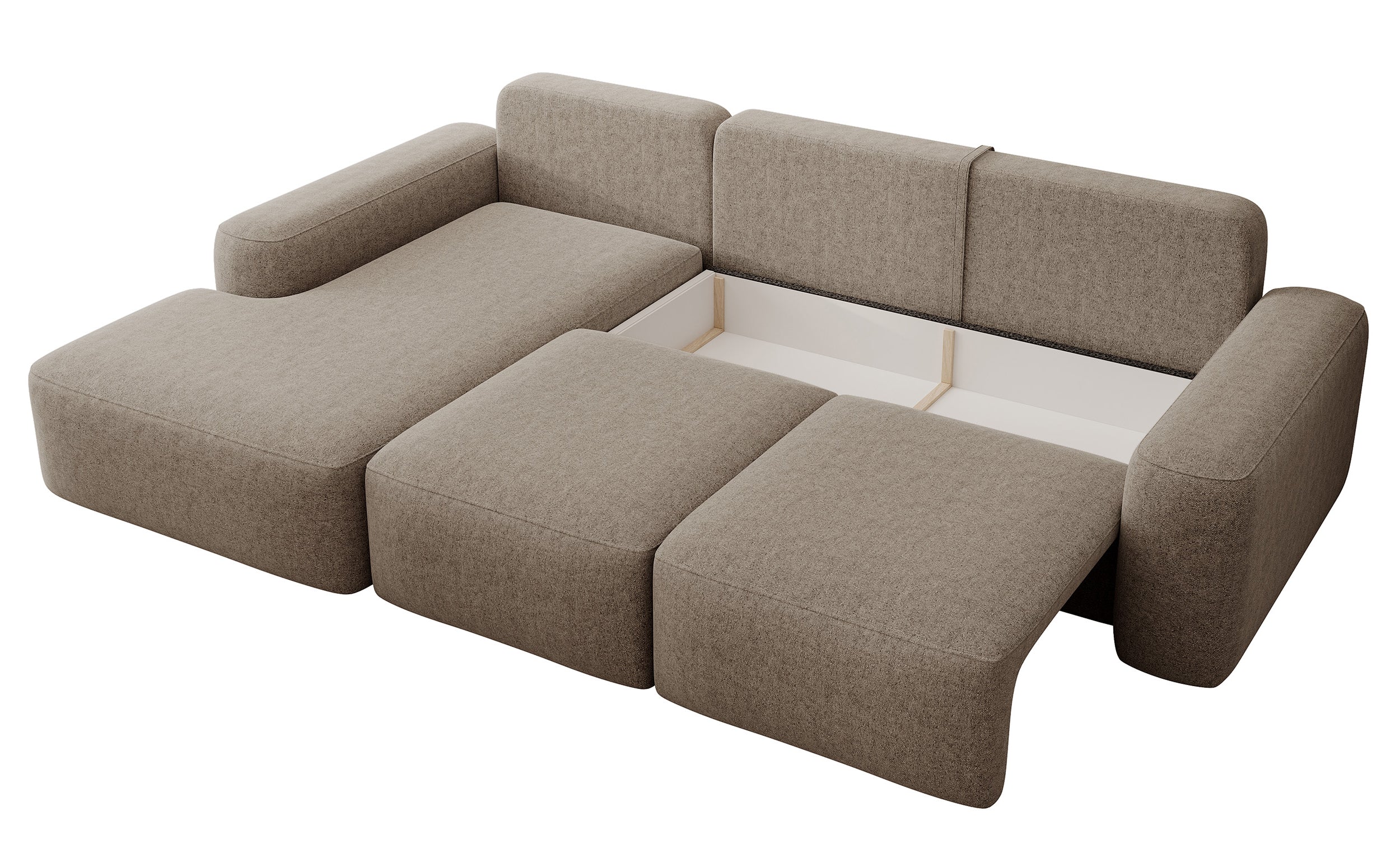 Canapé d'angle convertible Carnos, en L, avec bal, coussins individuels, chenille hydrophobe marron clair, angle gauche