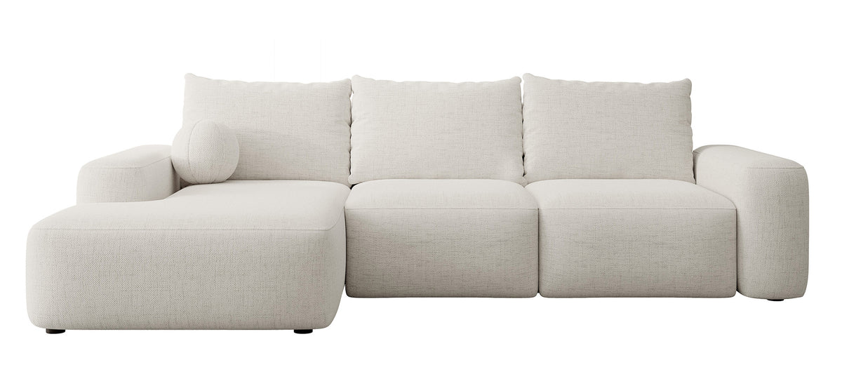 Canapé d'angle Carnos avec fonction couchage, forme en L, avec coussin boule, coussins simples, velours chenille crème, version gauche
