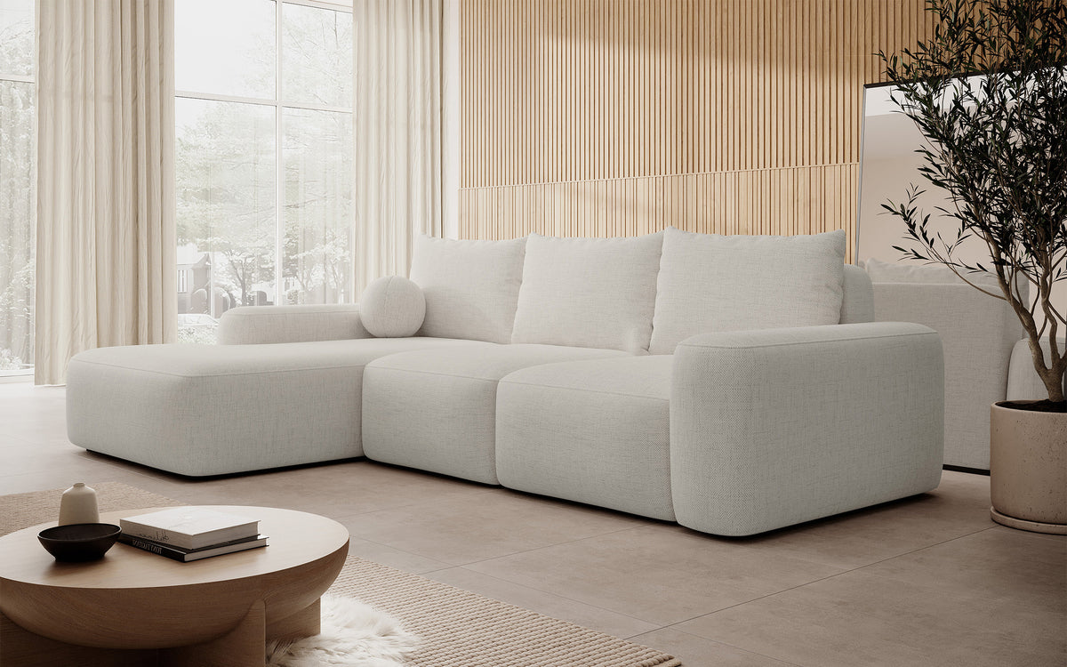 Canapé d'angle Carnos avec fonction couchage, forme en L, avec coussin boule, coussins simples, velours chenille crème, version gauche