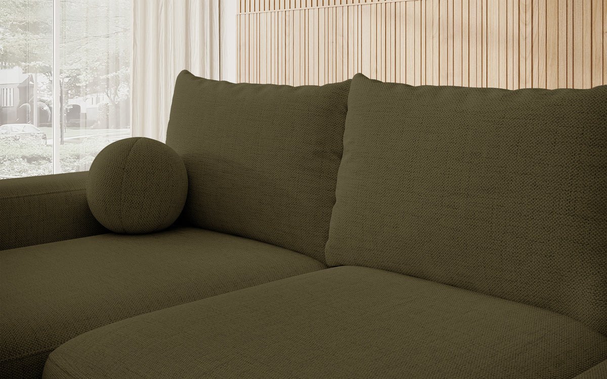 Canapé d'angle convertible Carnos en L avec coussin boule, coussins simples en chenille olive, version gauche