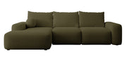 Canapé d'angle convertible Carnos en L avec coussin boule, coussins simples en chenille olive, version gauche