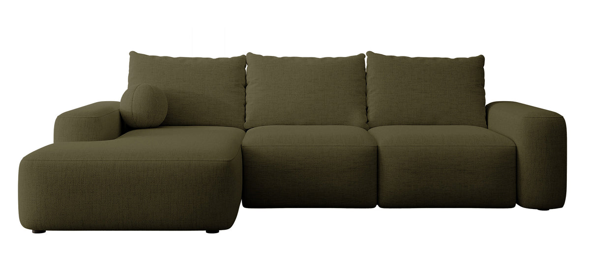 Canapé d'angle convertible Carnos en L avec coussin boule, coussins simples en chenille olive, version gauche