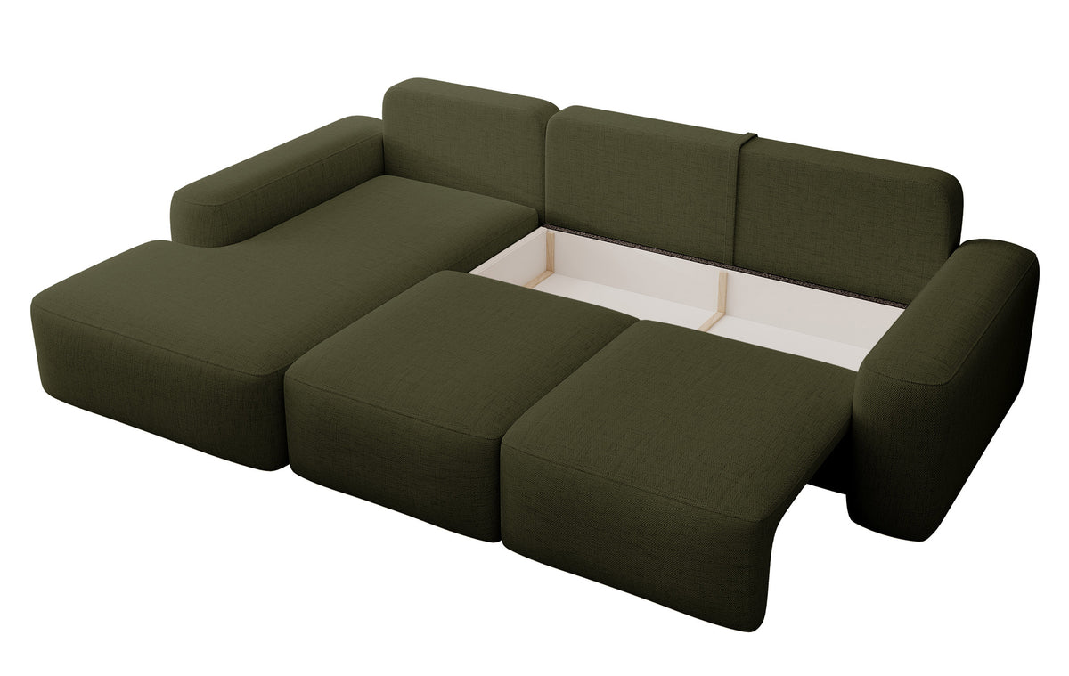 Canapé d'angle convertible Carnos en L avec coussin boule, coussins simples en chenille olive, version gauche
