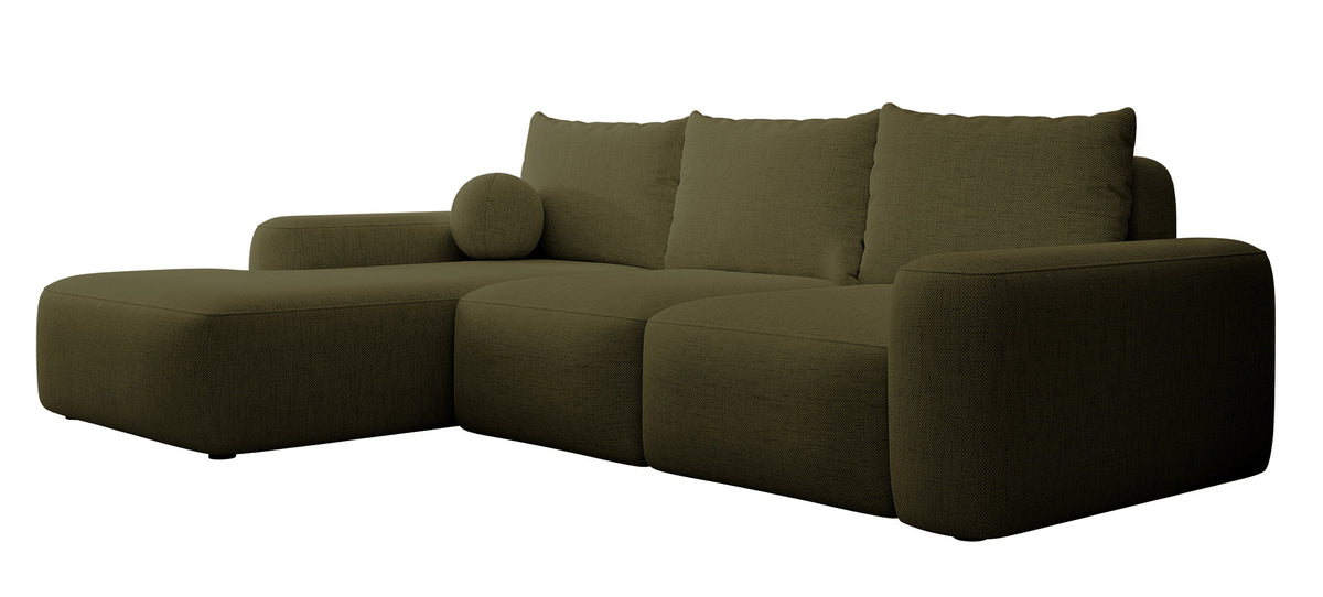 Canapé d'angle convertible Carnos en L avec coussin boule, coussins simples en chenille olive, version gauche