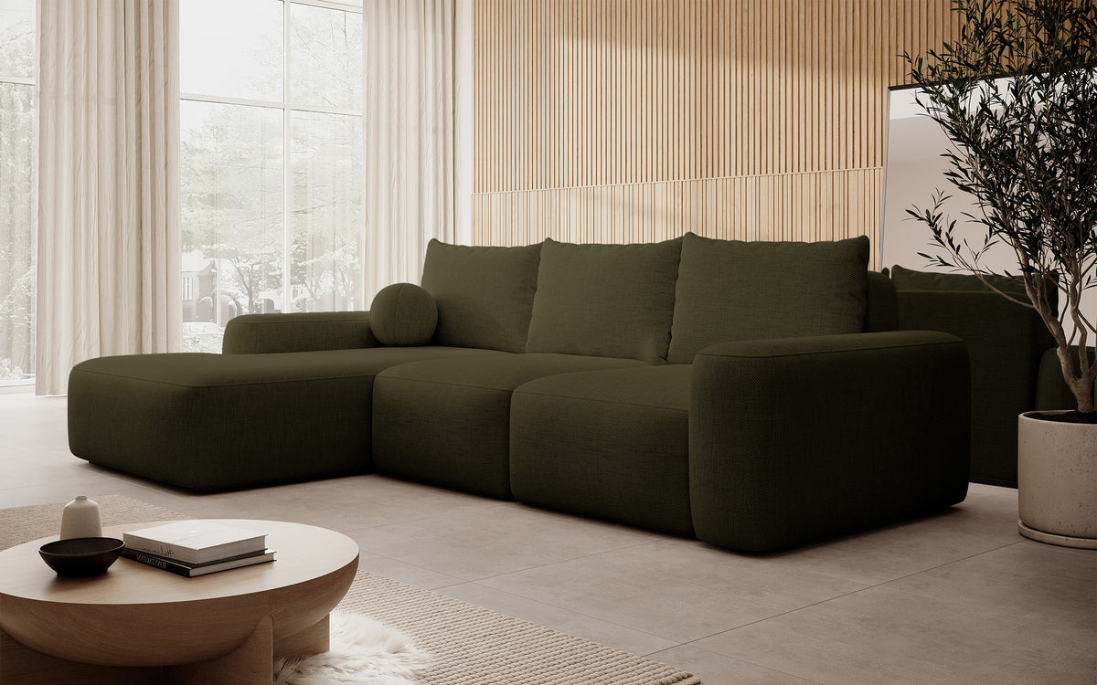 Canapé d'angle convertible Carnos en L avec coussin boule, coussins simples en chenille olive, version gauche