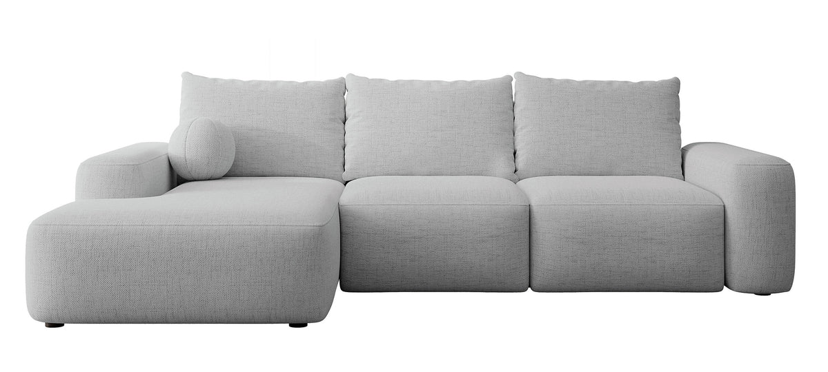 Canapé d'angle convertible Carnos en L avec coussins simples, tissu chenille gris, version gauche, avec balle