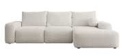 Canapé d'angle Carnos avec fonction couchage, forme en L, avec coussin boule, coussins simples en chenille crème, orientation droite