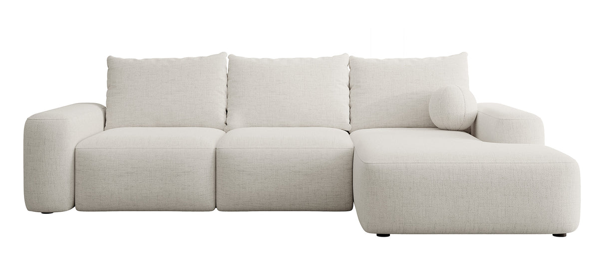 Canapé d'angle Carnos avec fonction couchage, forme en L, avec coussin boule, coussins simples en chenille crème, orientation droite