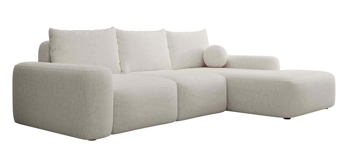 Canapé d'angle Carnos avec fonction couchage, forme en L, avec coussin boule, coussins simples en chenille crème, orientation droite
