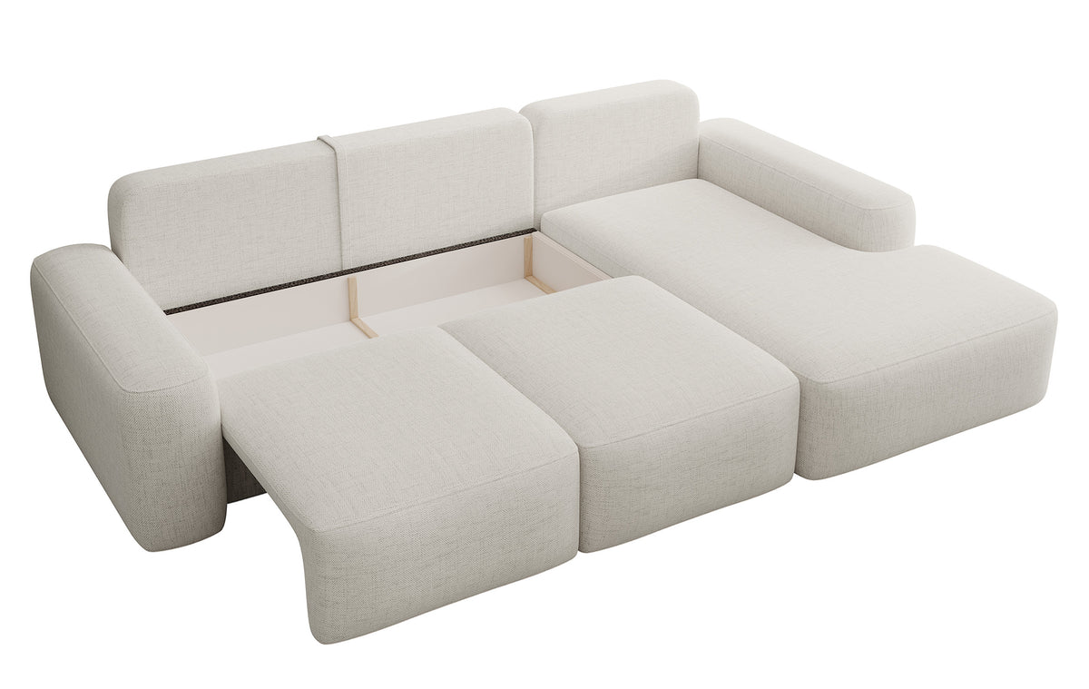 Canapé d'angle Carnos avec fonction couchage, forme en L, avec coussin boule, coussins simples en chenille crème, orientation droite