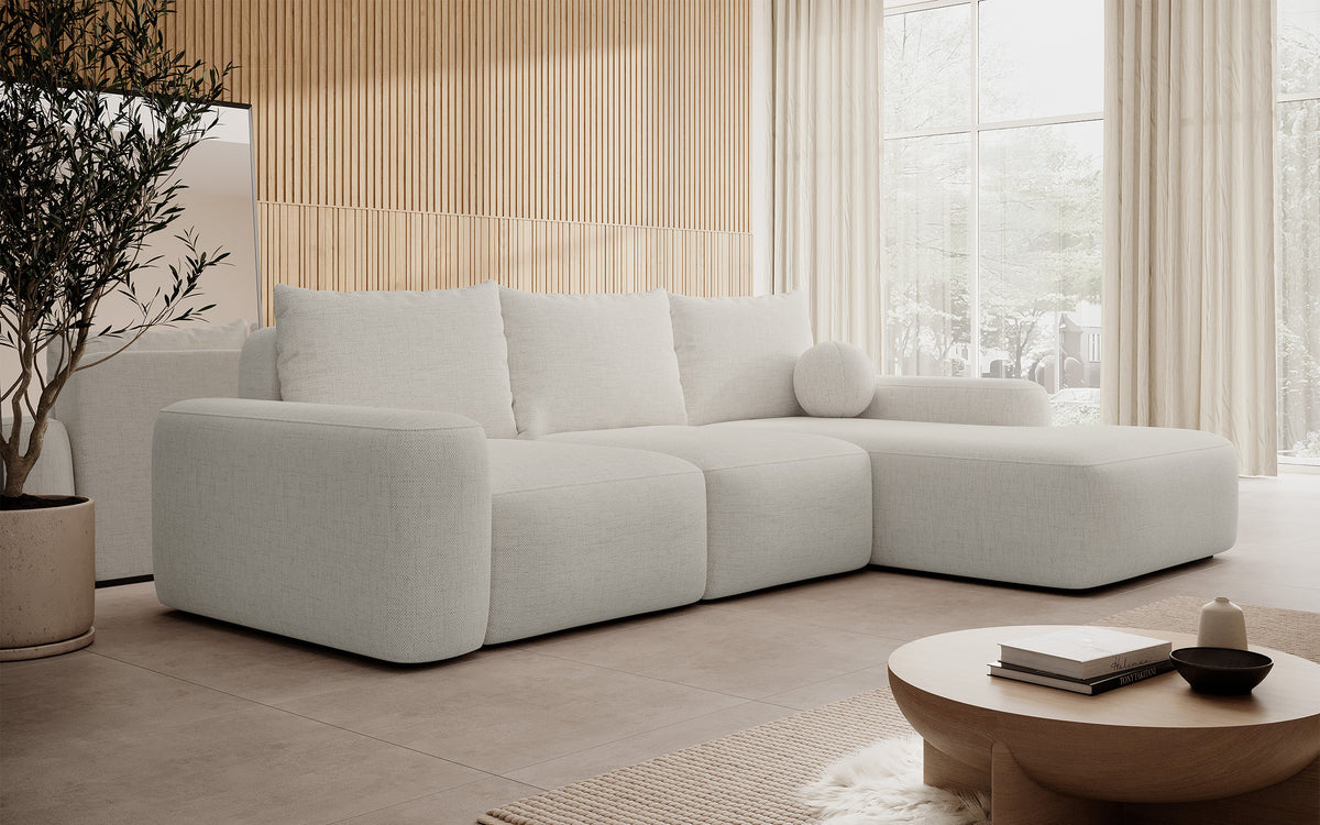 Canapé d'angle Carnos avec fonction couchage, forme en L, avec coussin boule, coussins simples en chenille crème, orientation droite