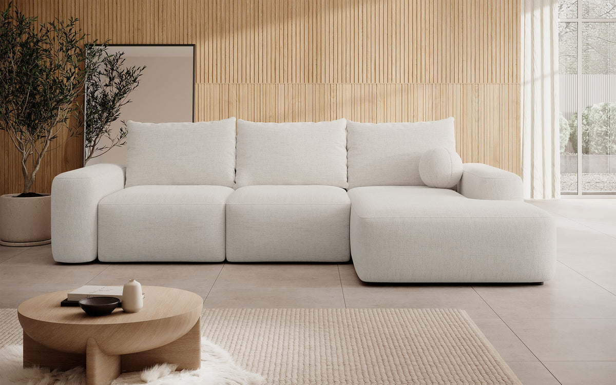 Canapé d'angle Carnos avec fonction couchage, forme en L, avec coussin boule, coussins simples en chenille crème, orientation droite