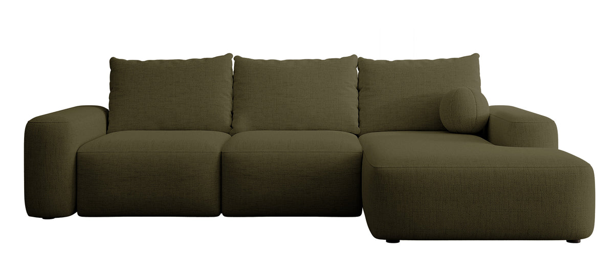 Canapé d'angle Carnos avec fonction couchage, forme en L, tissu chenille olive, coussins simples, orientation droite