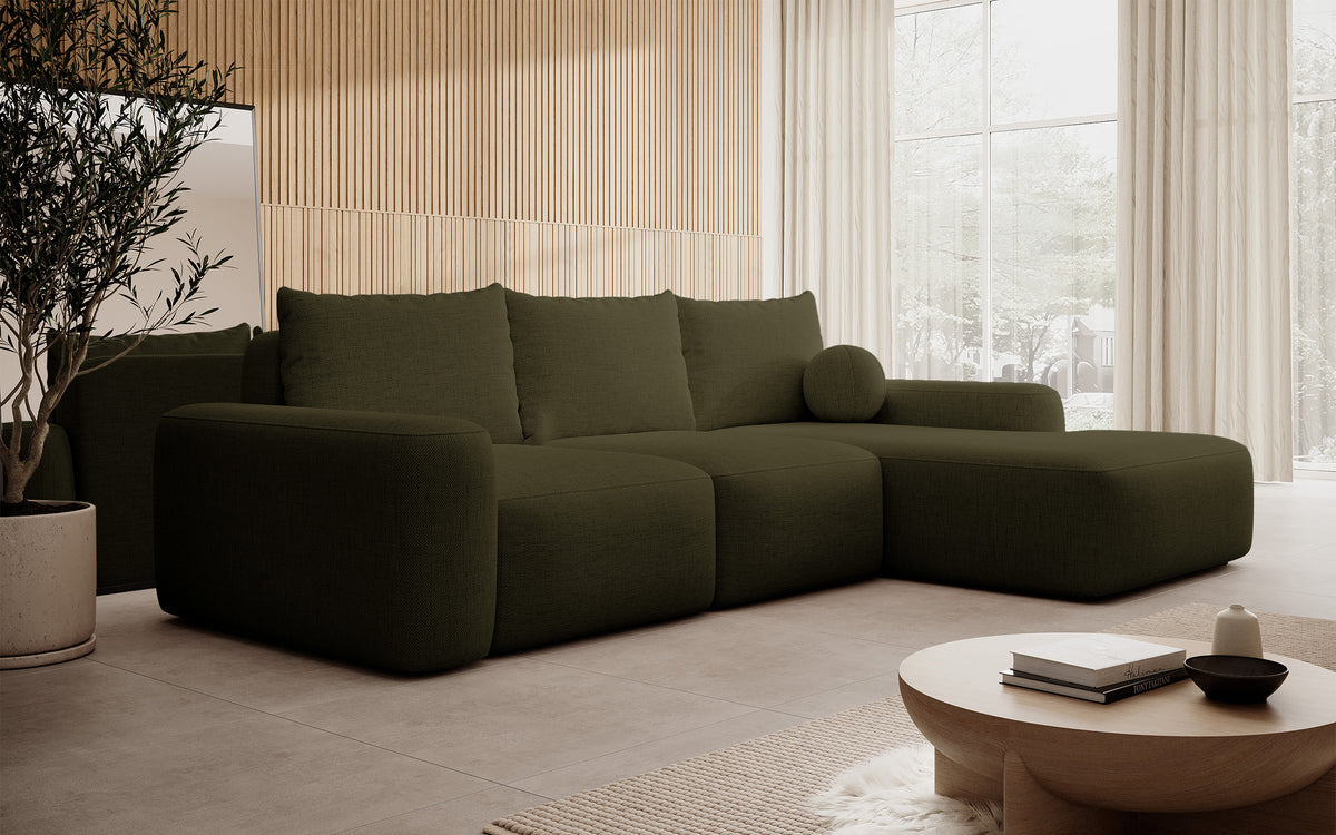 Canapé d'angle Carnos avec fonction couchage, forme en L, tissu chenille olive, coussins simples, orientation droite