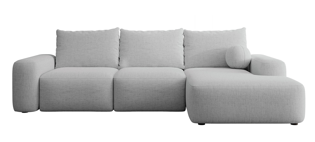 Ecksofa mit Schlaffunktion Carnos, L-förmig mit Ball, einzelne Kissen, grauer hydrophober Chenille, rechtsseitig