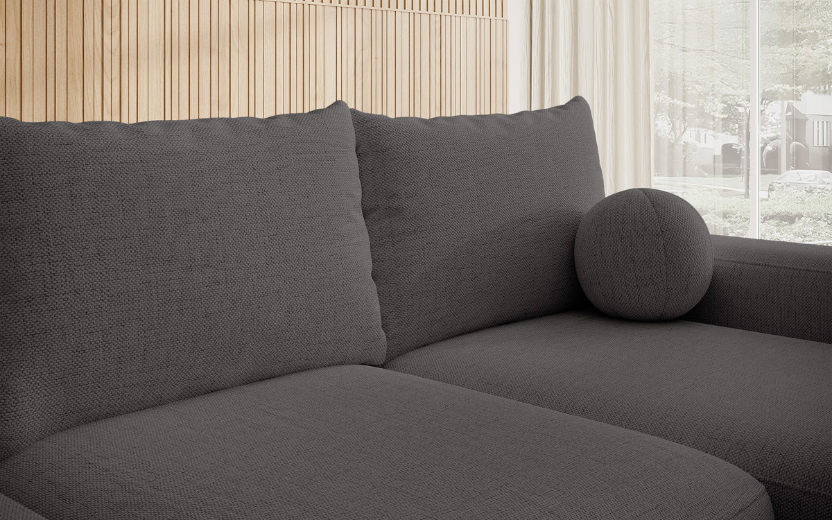 Canapé d'angle Carnos avec fonction couchage, forme en L, tissu chenille gris foncé, coussins individuels, version droite