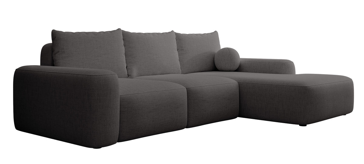 Canapé d'angle Carnos avec fonction couchage, forme en L, tissu chenille gris foncé, coussins individuels, version droite