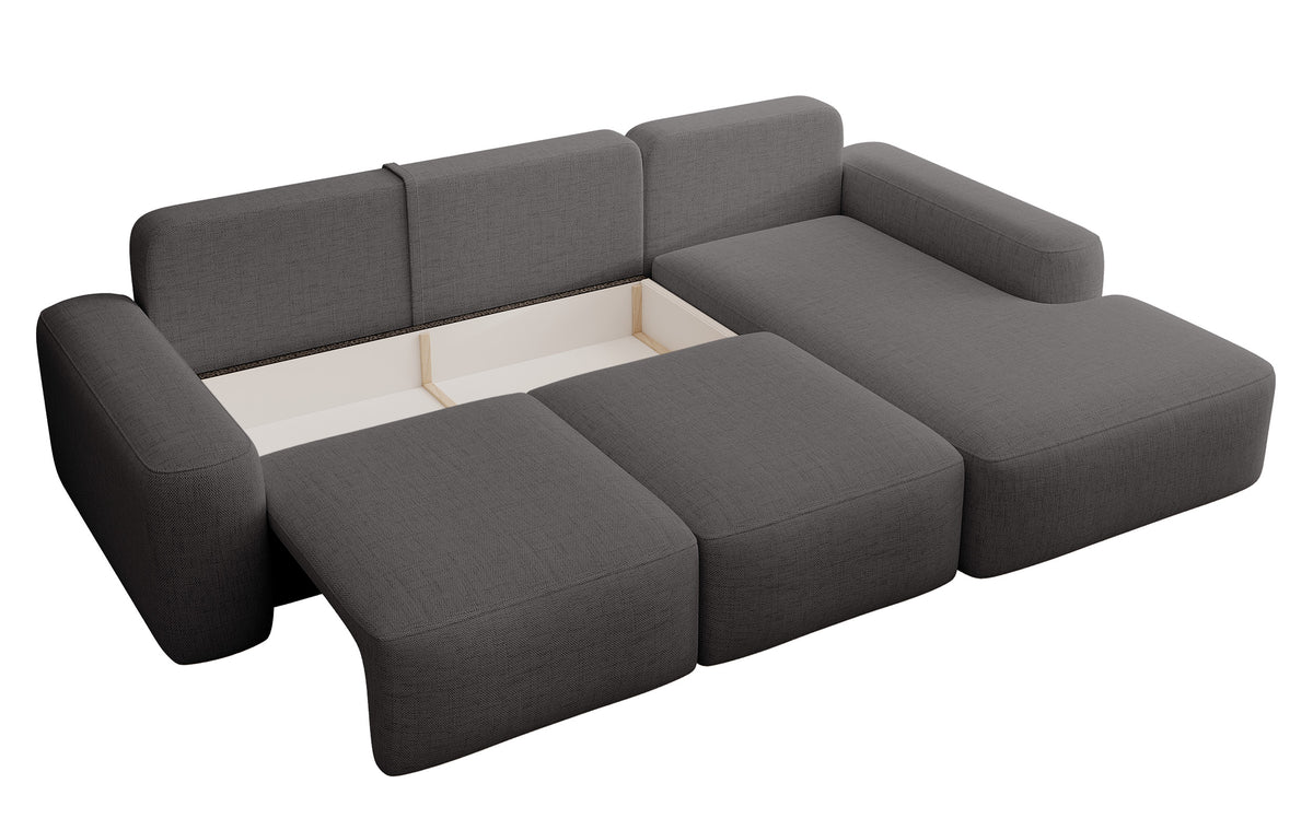 Canapé d'angle Carnos avec fonction couchage, forme en L, tissu chenille gris foncé, coussins individuels, version droite