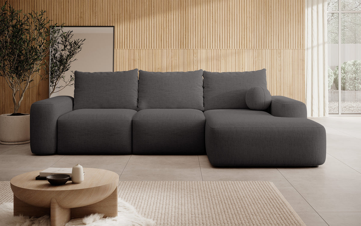 Canapé d'angle Carnos avec fonction couchage, forme en L, tissu chenille gris foncé, coussins individuels, version droite