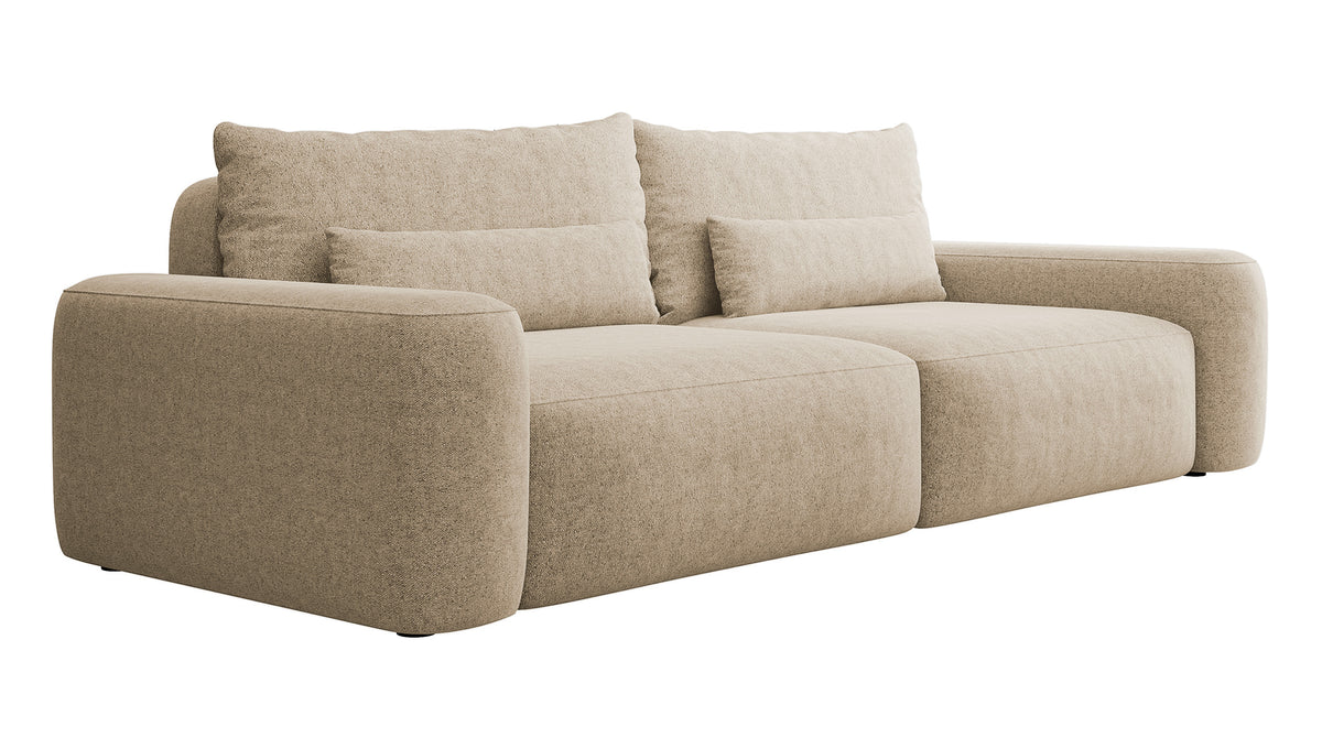Canapé convertible 3 places Carnos beige en chenille hydrofuge, pieds noirs