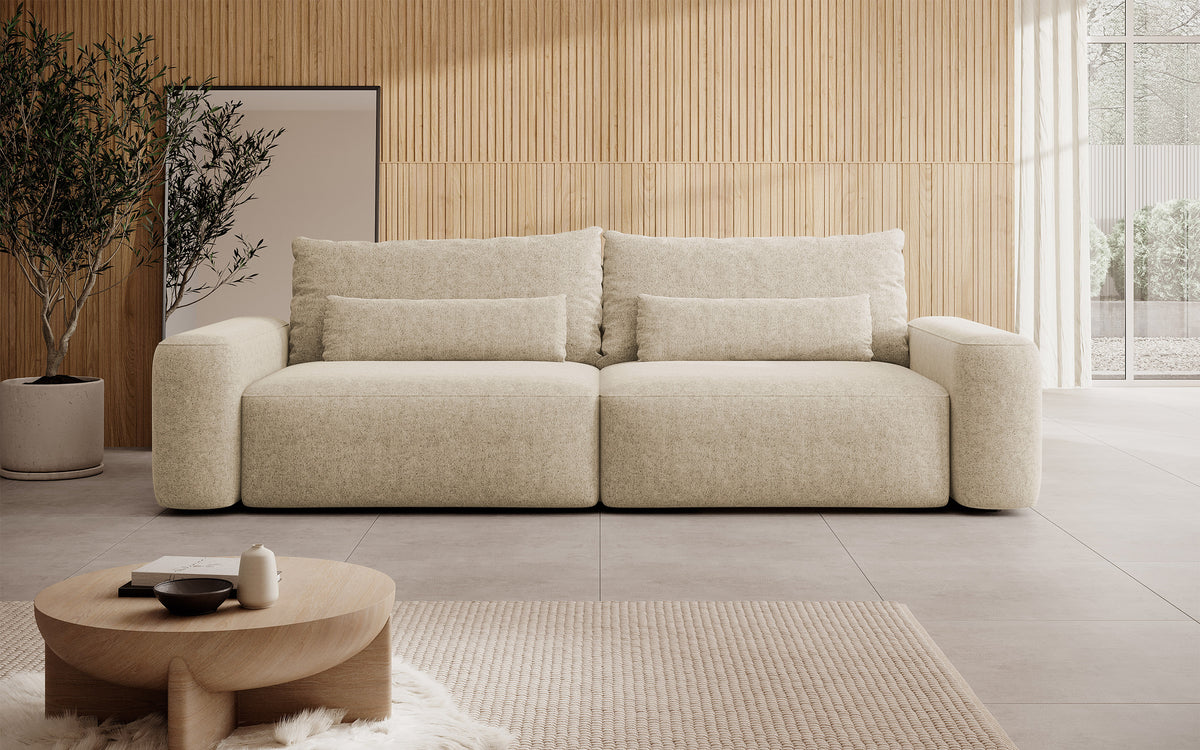 Canapé convertible 3 places Carnos beige en chenille hydrofuge, pieds noirs
