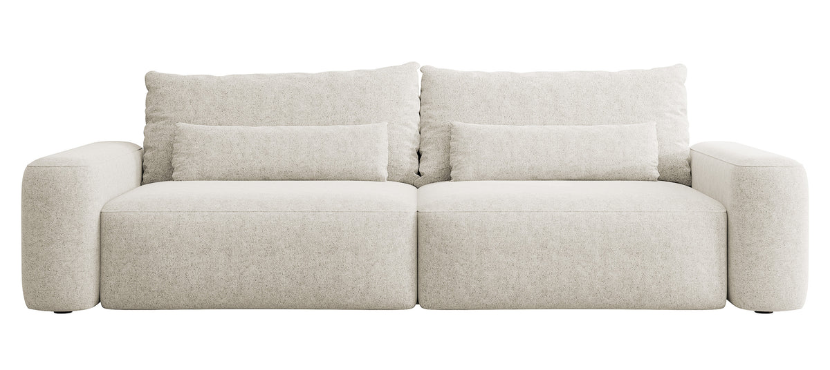 Dreisitziges ausklappbares Sofa Carnos, cremefarben, hydrophober Chenille-Stoff, schwarze Beine