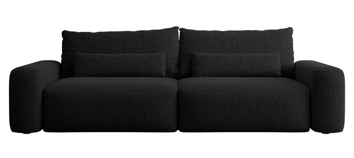 Canapé convertible 3 places Carnos en tissu chenille hydrofuge noir, pieds noirs