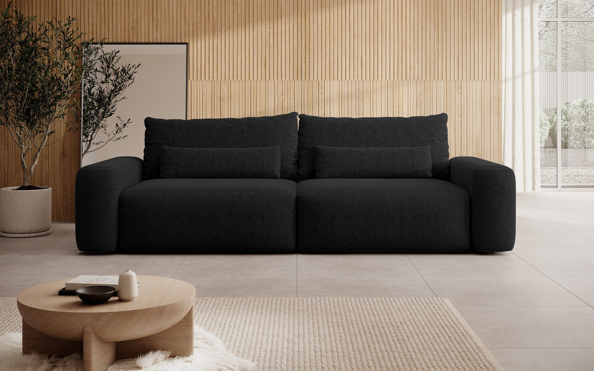 Canapé convertible 3 places Carnos en tissu chenille hydrofuge noir, pieds noirs