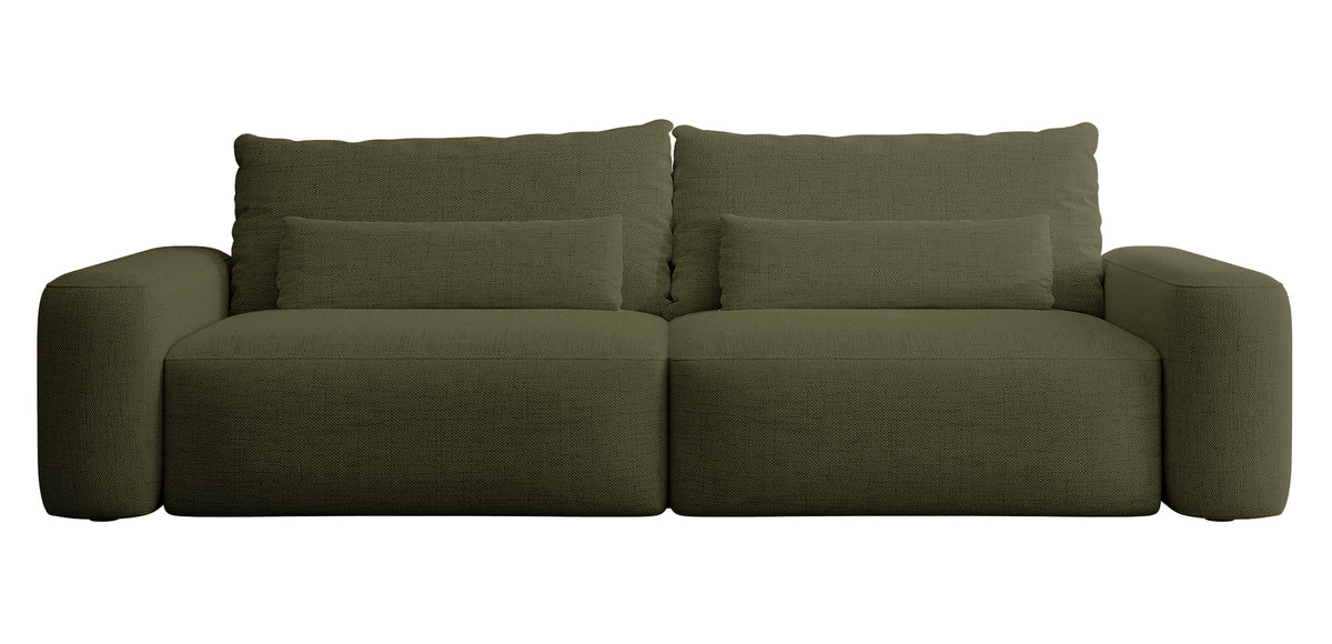 Canapé convertible 3 places Carnos en chenille hydrofuge olive, pieds noirs