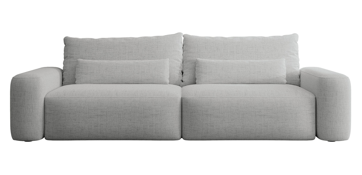 Dreisitziges ausklappbares Sofa Carnos, grauer hydrophober Chenille-Stoff, schwarze Beine