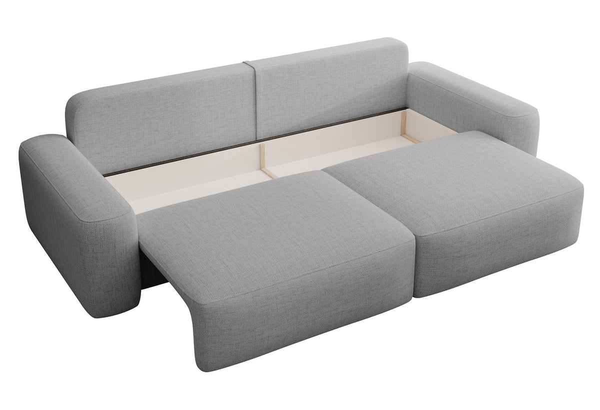 Dreisitziges ausklappbares Sofa Carnos, grauer hydrophober Chenille-Stoff, schwarze Beine