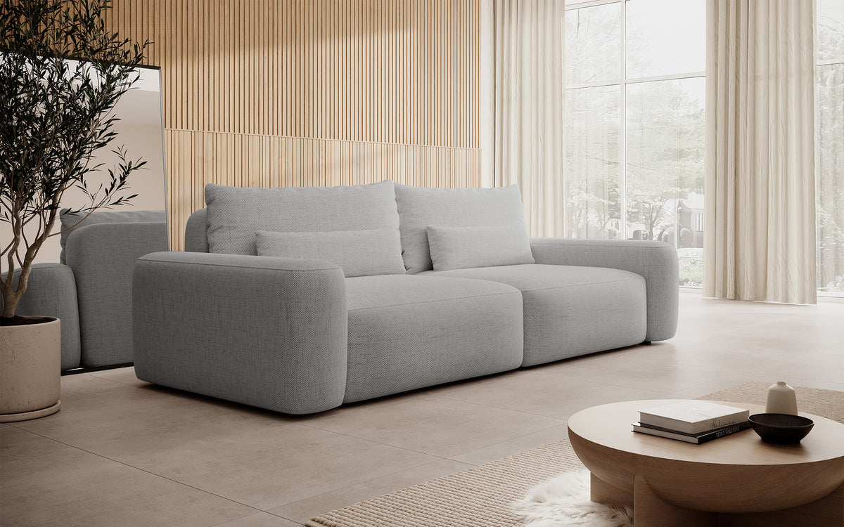 Dreisitziges ausklappbares Sofa Carnos, grauer hydrophober Chenille-Stoff, schwarze Beine