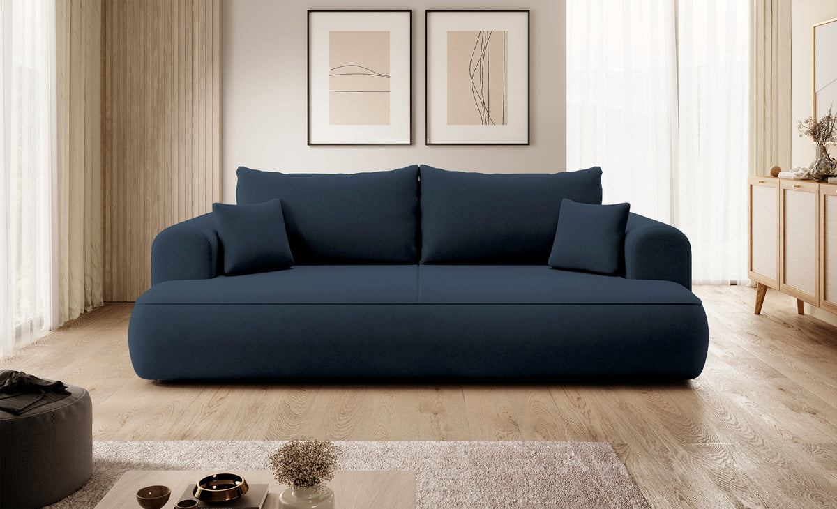 Dreisitziges Schlafsofa Ovo mit Stauraum, marineblauer Velours aus leicht zu reinigendem Stoff
