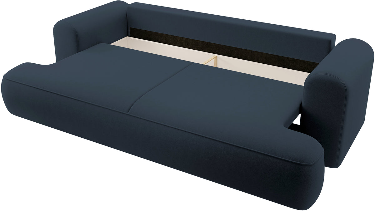 Dreisitziges Schlafsofa Ovo mit Stauraum, marineblauer Velours aus leicht zu reinigendem Stoff