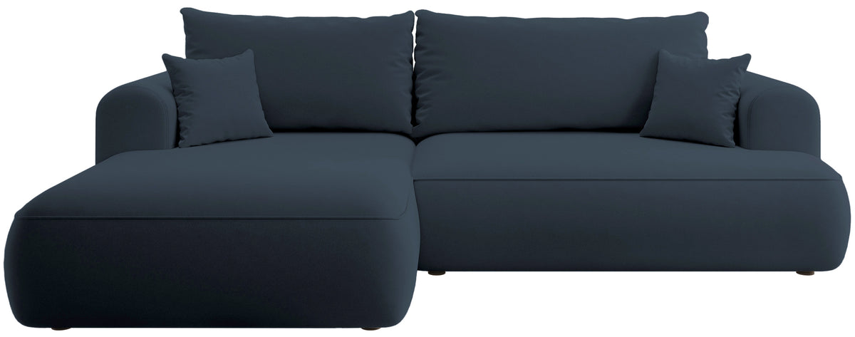 Ecksofa mit Schlaffunktion Ovo, L-förmig, marineblauer Samt mit Stauraum, aus leicht zu reinigendem Stoff, linksseitig