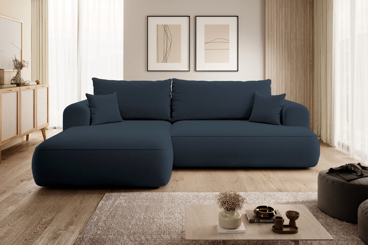 Ecksofa mit Schlaffunktion Ovo, L-förmig, marineblauer Samt mit Stauraum, aus leicht zu reinigendem Stoff, linksseitig