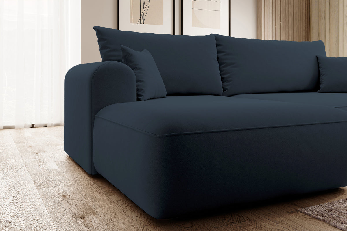Ecksofa mit Schlaffunktion Ovo, L-förmig, marineblauer Samt mit Stauraum, aus leicht zu reinigendem Stoff, linksseitig