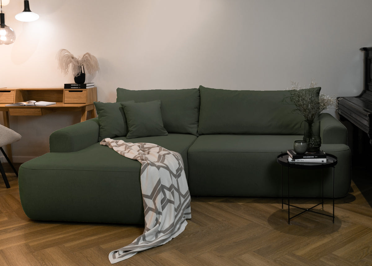 Canapé d'angle convertible Ovo en velours olive avec coffre de rangement en tissu facile à nettoyer, version gauche