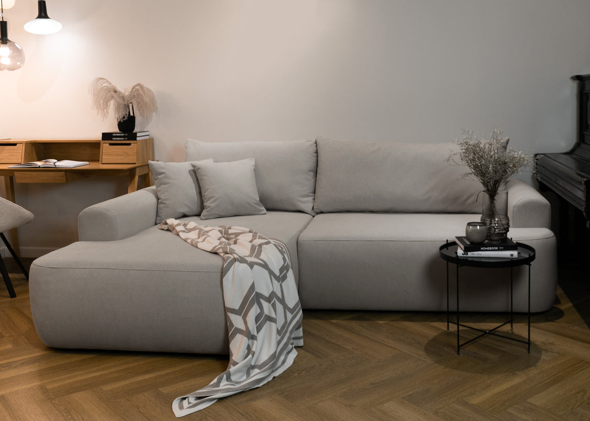 Canapé d'angle convertible Ovo en velours gris, forme en L, avec coffre de rangement et tissu facile à nettoyer, version gauche