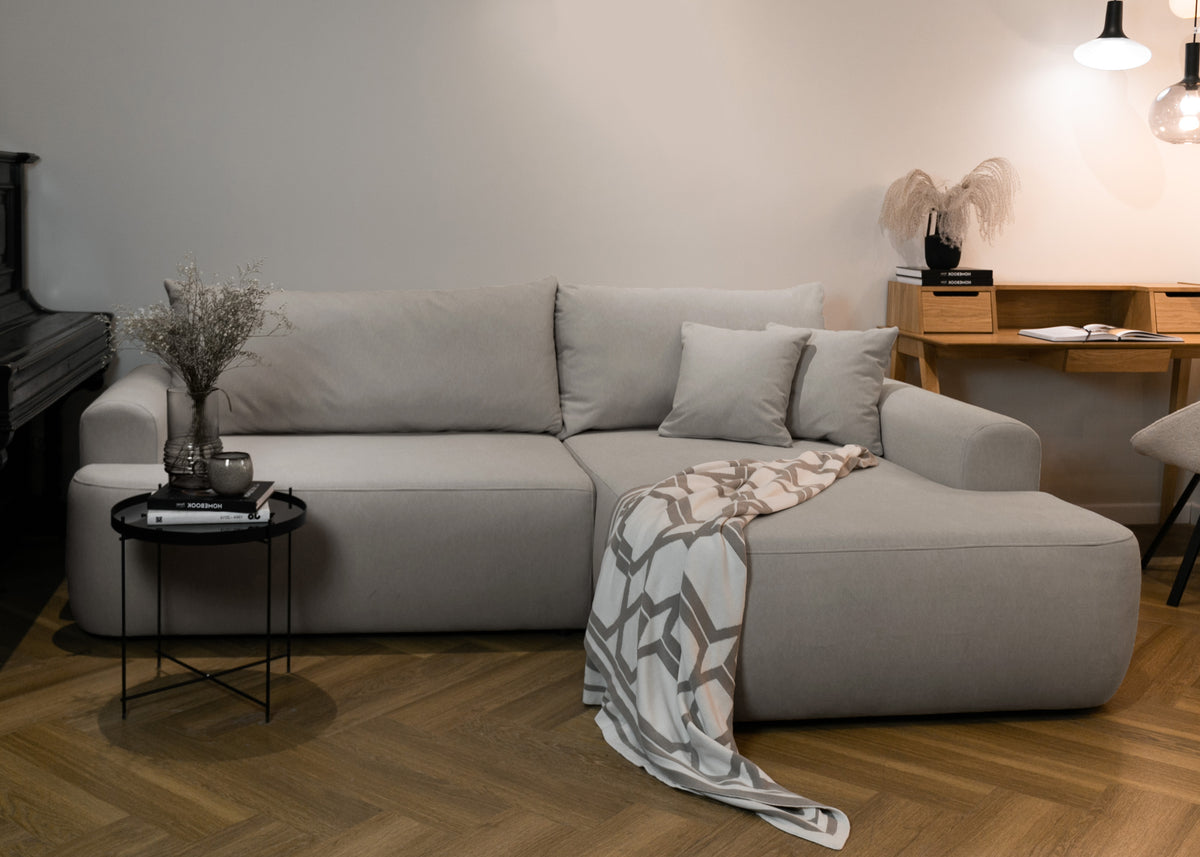Canapé d'angle convertible Ovo en velours gris, forme en L, avec coffre de rangement, tissu facile à nettoyer, version droite