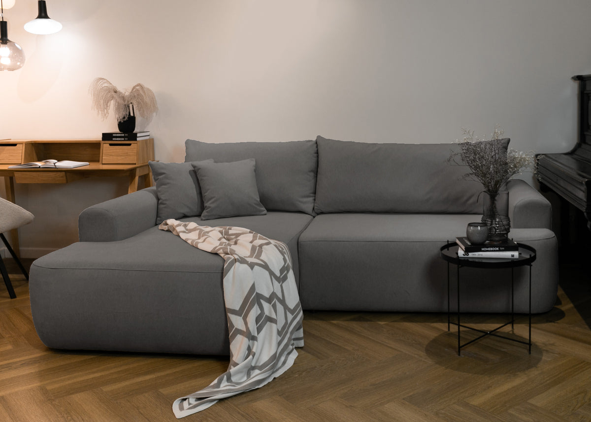 Canapé d'angle convertible Ovo en velours gris foncé, forme en L, avec coffre de rangement, tissu facile à nettoyer, version gauche