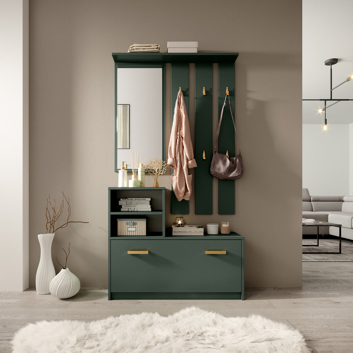 Ensemble d'entrée Yesfir vert bouteille avec miroir, patères, étagères et meuble à chaussures