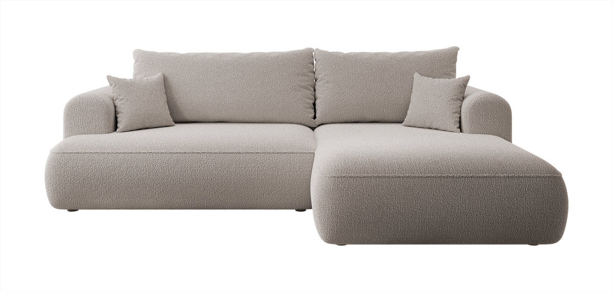Canapé d'angle convertible Ovo en L, boucle beige foncé, avec coffre de rangement, orientation droite
