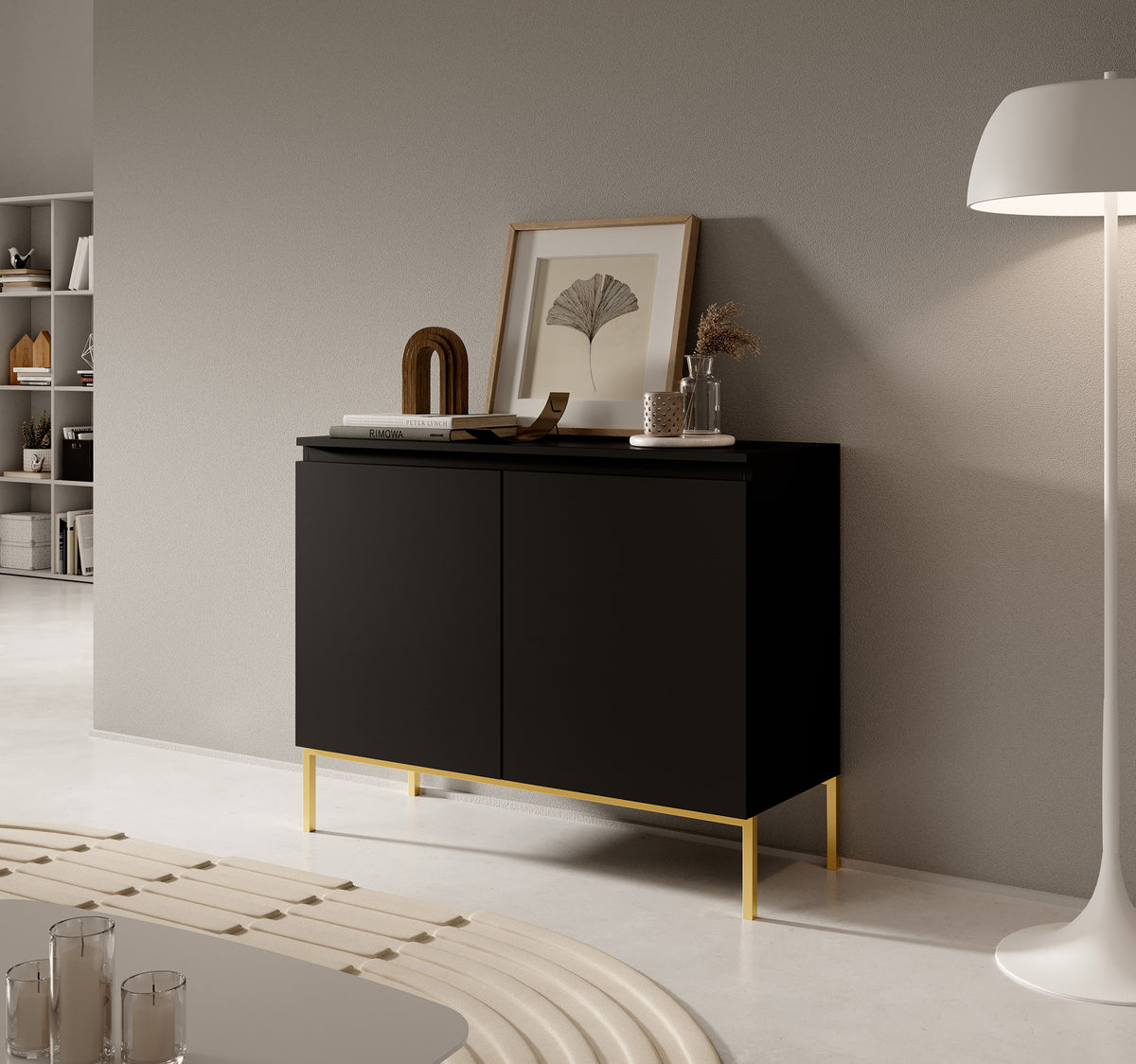 Commode 2 portes Bemmi 100 cm noire avec pieds dorés