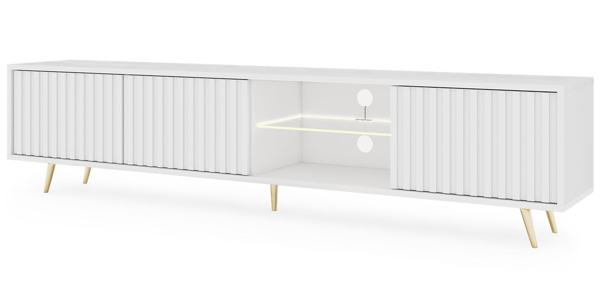 Meuble TV Bello avec façades à lamelles 175 cm blanc avec LED et pieds dorés