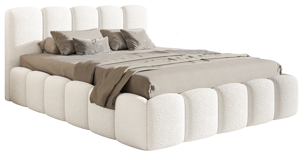 Lit tapissé 160x200 cm Cloudy II avec rangement, bouclé crème, cadre métallique