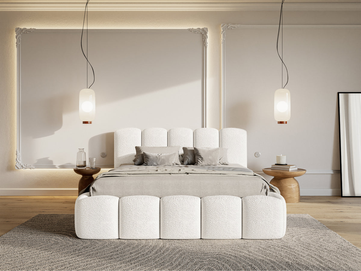 Lit tapissé 160x200 cm Cloudy II avec rangement, bouclé crème, cadre métallique