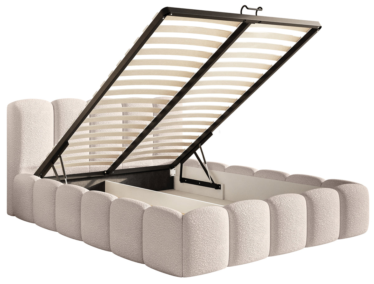 Polsterbett 180x200 cm Cloudy II mit Stauraum, hellbeige Bouclé, Metallrahmen