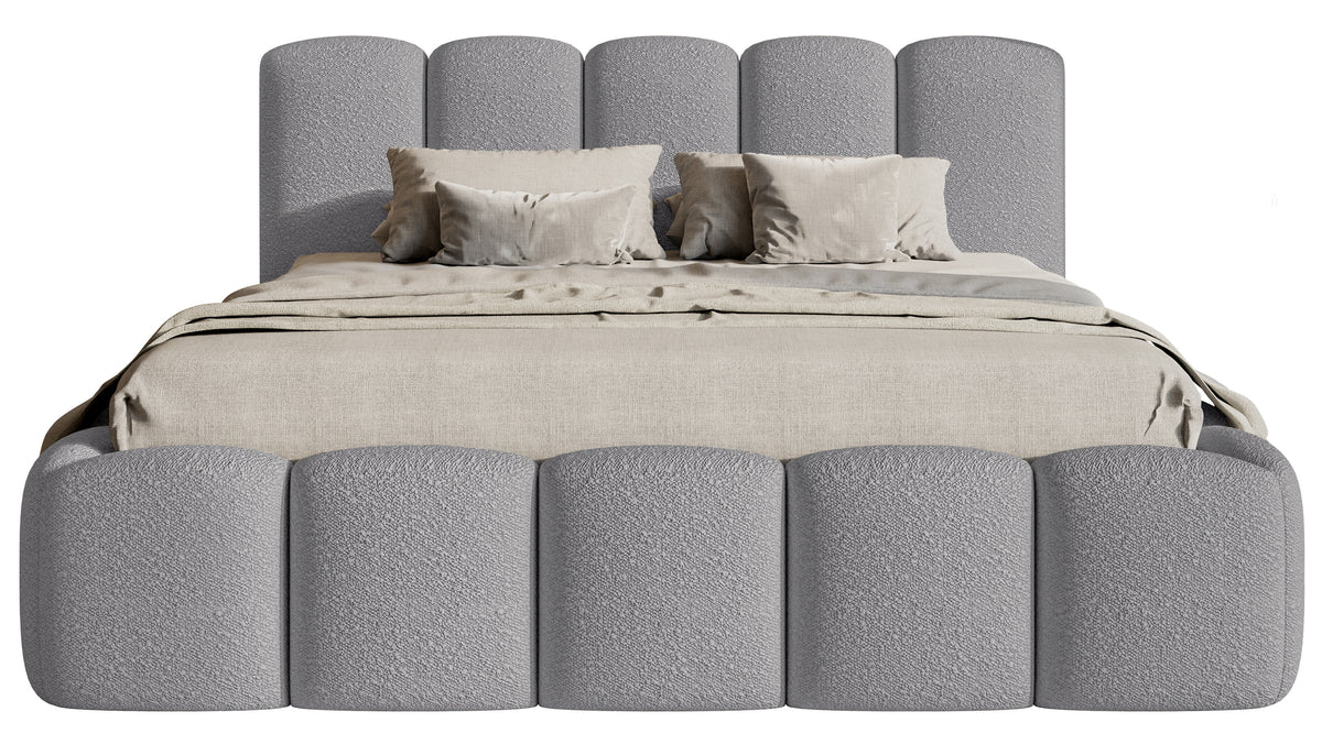 Gepolstertes Bett 180x200 cm Cloudy II mit Stauraum, grauer Bouclé, Metallrahmen